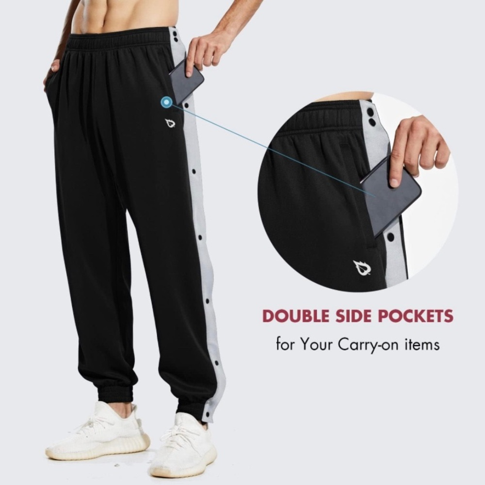 BALEAF Men's Tear Away Basketball Pants Active Sweatpants Pockets Black unisex